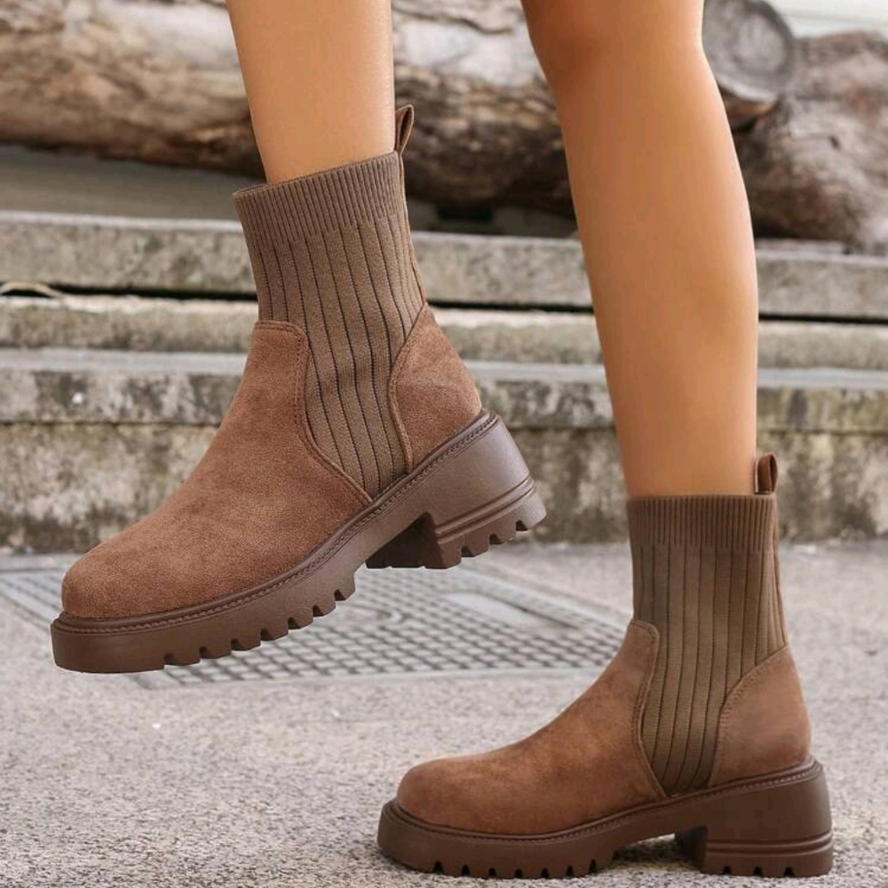 Women's Brown Thick-Sole Suede Patchwork Chelsea Boots With Elastic, - Picture 4 of 6
